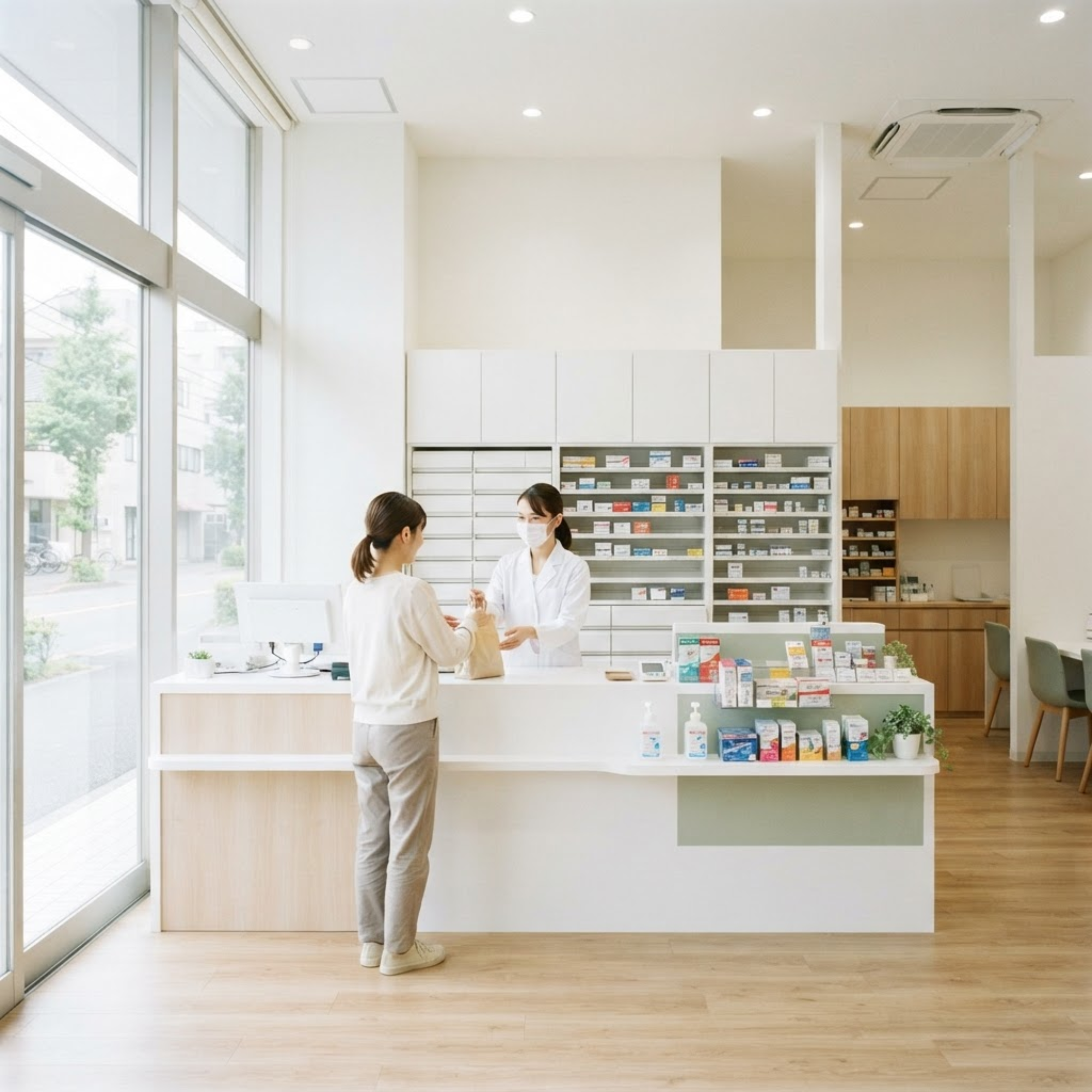 薬局のカウンターで患者に対応する薬剤師